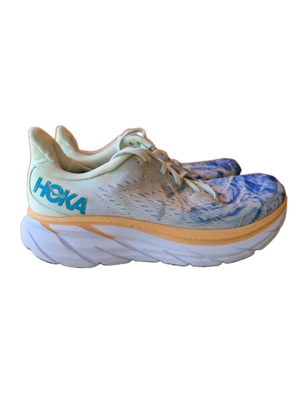HOKA One One Clifton 8 Men's Size 8D Running Shoes White Blue Floral Print...